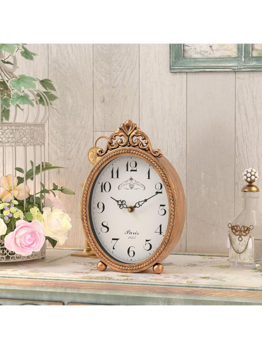 Vintage Antique Gold Table Clock | Rustic French Style Decorative Mantel Clock - Picture 5 of 8